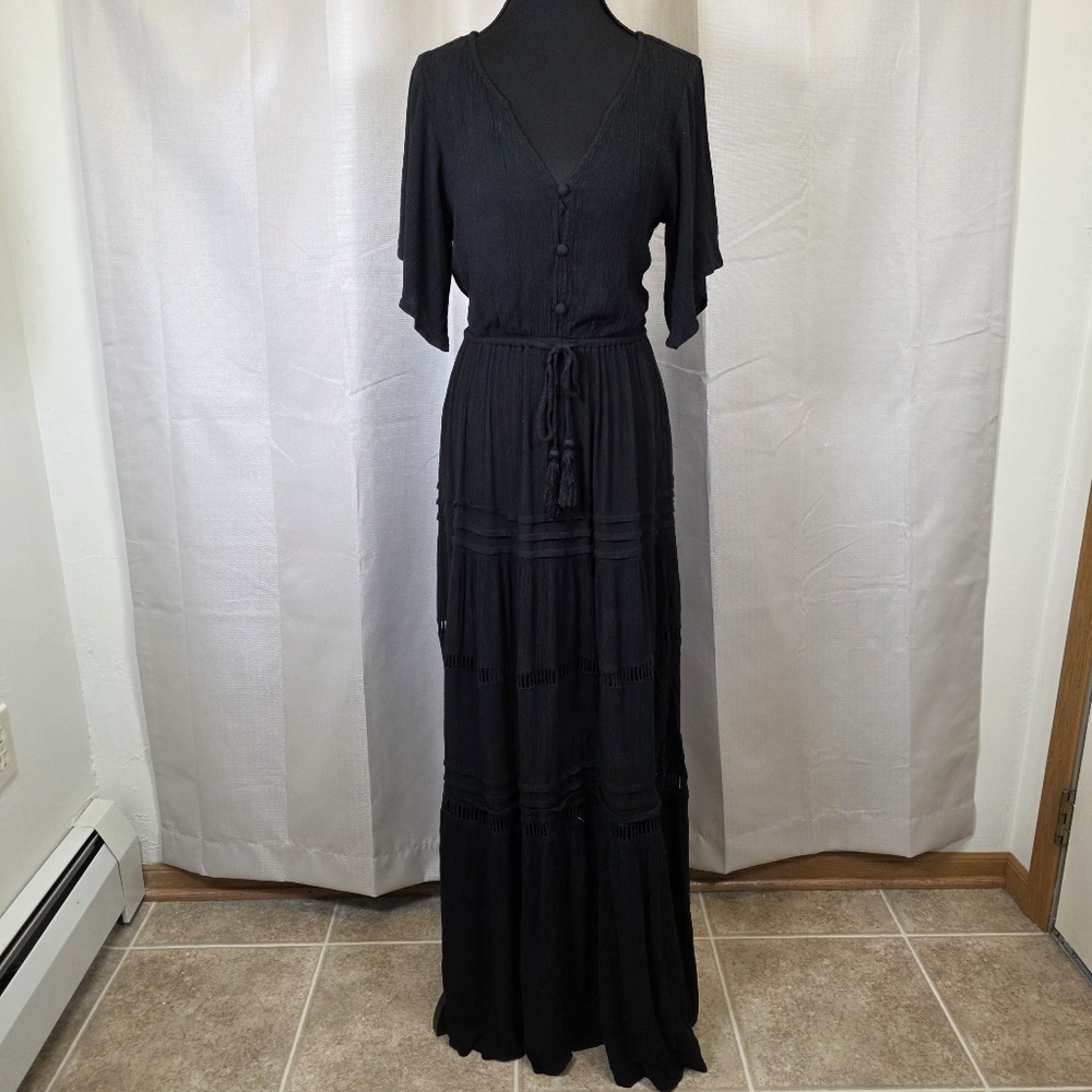 O'Neill Black Maxi Dress with Button Front and Tassel Waist